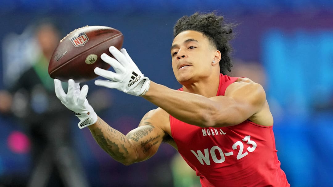 Mar 4, 2023; Indianapolis, IN, USA; Tennessee wide receiver Jalin Hyatt (WO23) participates in drills at Lucas Oil Stadium. Mandatory Credit: Kirby Lee-Imagn Images