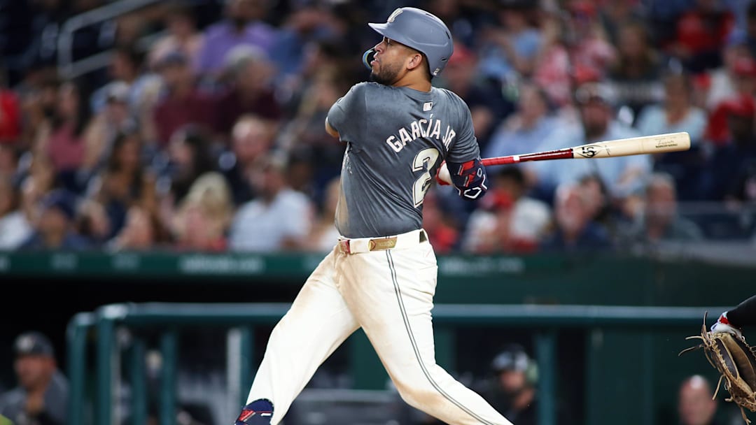 Sep 13, 2024; Washington, District of Columbia, USA; Washington Nationals second baseman Luis Garcia Jr. (2) hits a home run during the seventh inning against the Miami Marlins at Nationals Park.