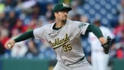 Apr 19, 2024; Cleveland, Ohio, USA; Oakland Athletics starting pitcher Joe Boyle (35) throws a pitch during the first inning against the Cleveland Guardians at Progressive Field. Mandatory Credit: Ken Blaze-USA TODAY Sports