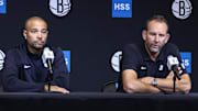 Sep 23, 2025; Brooklyn, NY, USA;  Brooklyn Nets head coach Jordi Fernandez (l) and general manager Sean Marks (r) speak at Media Day.  Mandatory Credit: Wendell Cruz-Imagn Images