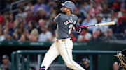 Sep 13, 2024; Washington, District of Columbia, USA; Washington Nationals second baseman Luis Garcia Jr. (2) hits a home run during the seventh inning against the Miami Marlins at Nationals Park.