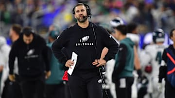 Nov 24, 2024; Inglewood, California, USA; Philadelphia Eagles head coach Nick Sirianni watches game action against the Los Angeles Rams during the second half at SoFi Stadium. Mandatory Credit: Gary A. Vasquez-Imagn Images
