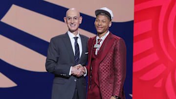 Jun 25, 2025; Brooklyn, NY, USA;  Jeremiah Fears stands with NBA commissioner Adam Silver after being selected as the seventh pick by the New Orleans Pelicans in the first round of the 2025 NBA Draft at Barclays Center. Mandatory Credit: Brad Penner-Imagn Images