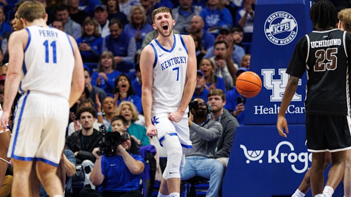 Dec 31, 2024; Lexington, Kentucky, USA; Kentucky Wildcats forward Andrew Carr (7) celebrates after making a basket during the first half against the Brown Bears at Rupp Arena at Central Bank Center. Mandatory Credit: Jordan Prather-Imagn Images