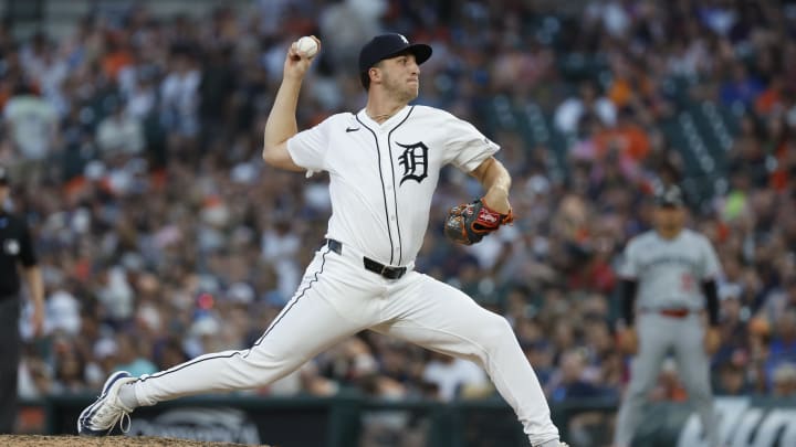 Jul 27, 2024; Detroit, Michigan, USA; Detroit Tigers pitcher Beau Brieske (4) throws during the ninth inning of the game against the Minnesota Twins at Comerica Park. Mandatory Credit: Brian Bradshaw Sevald-USA TODAY Sports