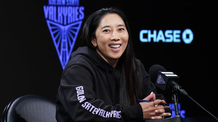 Golden State Valkyries head coach Natalie Nakase addresses the media before the game against the Chicago Sky at Chase Center. 