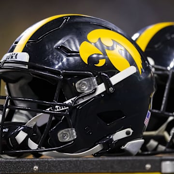 Dec 4, 2021; Indianapolis, IN, USA; Detailed view of Iowa Hawkeyes helmet on the sidelines in the Big Ten Conference championship game at Lucas Oil Stadium. Mandatory Credit: Mark J. Rebilas-Imagn Images