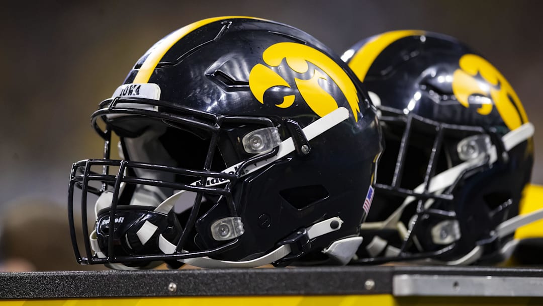 Dec 4, 2021; Indianapolis, IN, USA; Detailed view of Iowa Hawkeyes helmet on the sidelines in the Big Ten Conference championship game at Lucas Oil Stadium. Mandatory Credit: Mark J. Rebilas-Imagn Images Dec 4, 2021; Indianapolis, IN, USA; Detailed view of Iowa Hawkeyes helmet on the sidelines in the Big Ten Conference championship game at Lucas Oil Stadium. Mandatory Credit: Mark J. Rebilas-Imagn Images