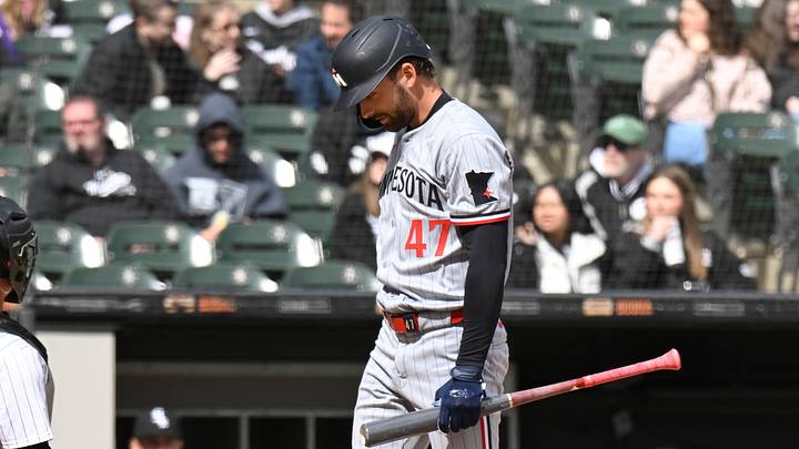Mar 31, 2025; Chicago, Illinois, USA;  Minnesota Twins second base Edouard Julien (47) after striking out swinging against the Chicago White Sox during the sixth inning at Guaranteed Rate Field. Mandatory Credit: Matt Marton-Imagn Images