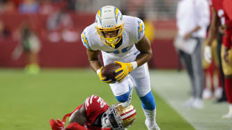 Aug 25, 2023; Santa Clara, California, USA; Los Angeles Chargers wide receiver Keelan Doss (86) during the game against the San Francisco 49ers at Levi's Stadium. Mandatory Credit: Sergio Estrada-USA TODAY Sports