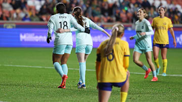 NJ/NY Gotham FC midfielder Yazmeen Ryan (18) celebrates with teammates after scoring a goal during the first half against Utah Royals FC  