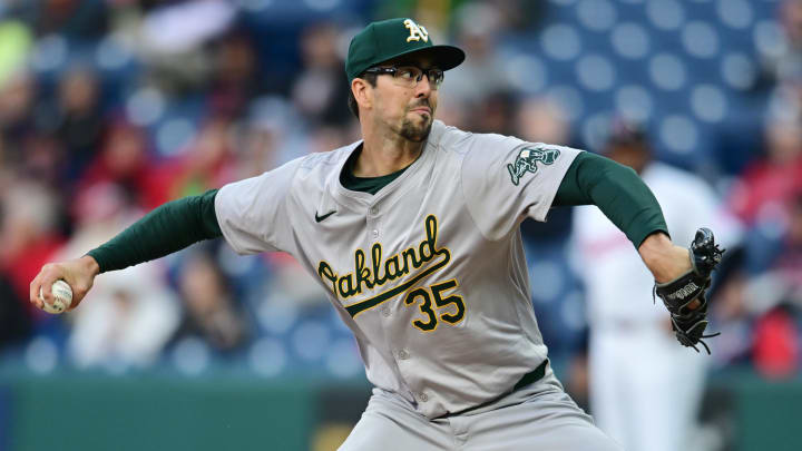 Apr 19, 2024; Cleveland, Ohio, USA; Oakland Athletics starting pitcher Joe Boyle (35) throws a pitch during the first inning against the Cleveland Guardians at Progressive Field. Mandatory Credit: Ken Blaze-USA TODAY Sports