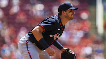 Aug 1, 2025; Cincinnati, Ohio, USA; Atlanta Braves third baseman Austin Riley (27) prepares for the pitch in the fourth inning against the Cincinnati Reds at Great American Ball Park. Mandatory Credit: Katie Stratman-Imagn Images