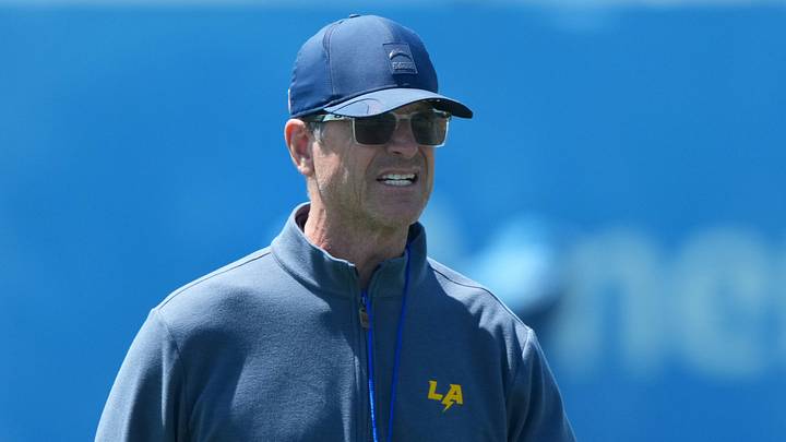 Los Angeles Chargers head coach Jim Harbaugh during offseason workouts at The Bolt