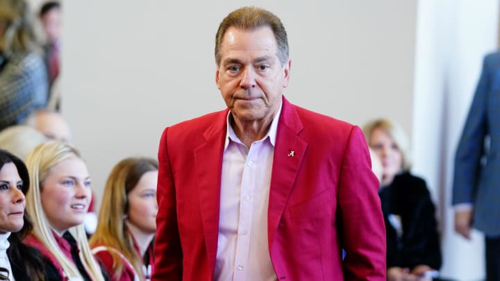 Jan 13, 2024; Tuscaloosa, AL, USA; University of Alabama former head coach Nick Saban attends a press conference to introduce the new head football coach Kalen DeBoer (not pictured) in the North end zone at Bryant-Denny Stadium. Mandatory Credit: John David Mercer-USA TODAY Sports