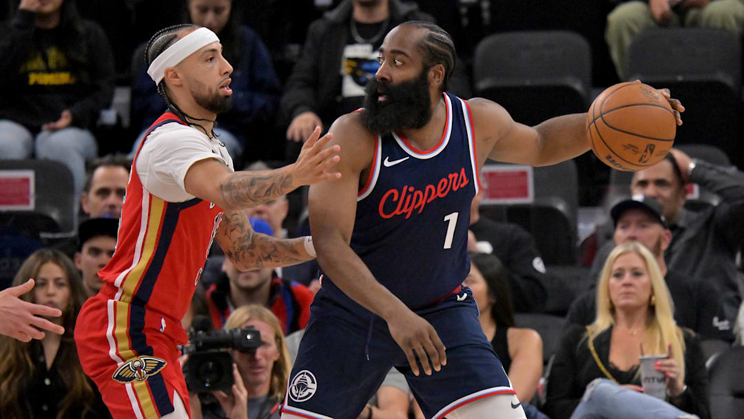 Apr 2, 2025; Inglewood, California, USA;  New Orleans Pelicans guard Jose Alvarado (15) defends Los Angeles Clippers guard James Harden (1) in the first half at Intuit Dome. Mandatory Credit: Jayne Kamin-Oncea-Imagn Images