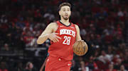 Oct 24, 2025; Houston, Texas, USA; Houston Rockets center Alperen Sengun (28) controls the ball during the first quarter against the Detroit Pistons at Toyota Center. Mandatory Credit: Troy Taormina-Imagn Images