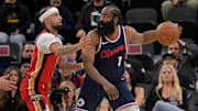 Apr 2, 2025; Inglewood, California, USA;  New Orleans Pelicans guard Jose Alvarado (15) defends Los Angeles Clippers guard James Harden (1) in the first half at Intuit Dome. Mandatory Credit: Jayne Kamin-Oncea-Imagn Images