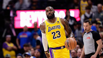 Apr 29, 2024; Denver, Colorado, USA; Los Angeles Lakers forward LeBron James (23) in the third quarter against the Denver Nuggets during game five of the first round for the 2024 NBA playoffs at Ball Arena. Mandatory Credit: Isaiah J. Downing-Imagn Images