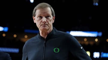 Oregon Ducks head coach Dana Altman walks off the court after the first half against the South Carolina Gamecocks in the 2024 NCAA Tournament at PPG Paints Arena.