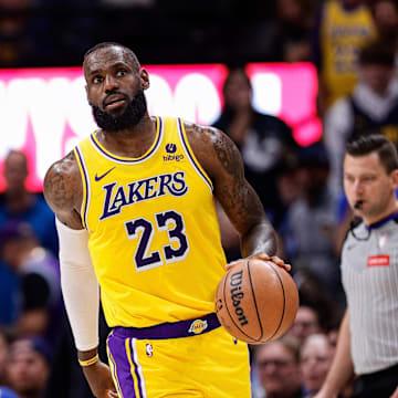 Apr 29, 2024; Denver, Colorado, USA; Los Angeles Lakers forward LeBron James (23) in the third quarter against the Denver Nuggets during game five of the first round for the 2024 NBA playoffs at Ball Arena. Mandatory Credit: Isaiah J. Downing-Imagn Images