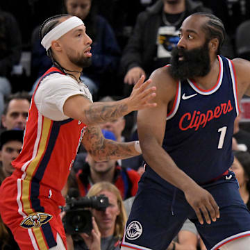 Apr 2, 2025; Inglewood, California, USA;  New Orleans Pelicans guard Jose Alvarado (15) defends Los Angeles Clippers guard James Harden (1) in the first half at Intuit Dome. Mandatory Credit: Jayne Kamin-Oncea-Imagn Images