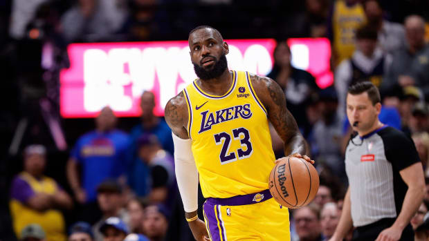 Apr 29, 2024; Denver, Colorado, USA; Los Angeles Lakers forward LeBron James (23) in the third