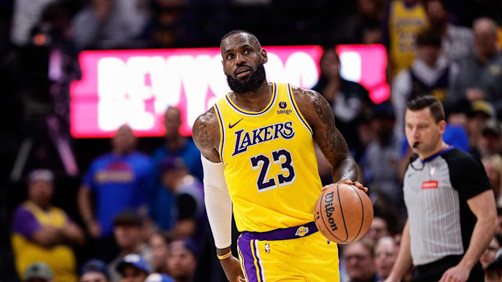 Apr 29, 2024; Denver, Colorado, USA; Los Angeles Lakers forward LeBron James (23) in the third quarter against the Denver Nuggets during game five of the first round for the 2024 NBA playoffs at Ball Arena. Mandatory Credit: Isaiah J. Downing-Imagn Images