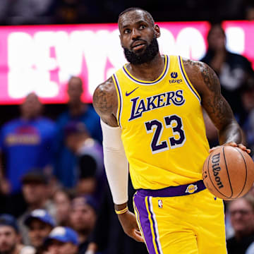 Apr 29, 2024; Denver, Colorado, USA; Los Angeles Lakers forward LeBron James (23) in the third quarter against the Denver Nuggets during game five of the first round for the 2024 NBA playoffs at Ball Arena. Mandatory Credit: Isaiah J. Downing-Imagn Images