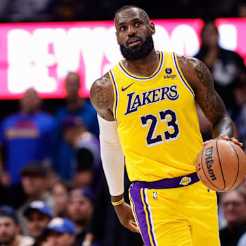 Apr 29, 2024; Denver, Colorado, USA; Los Angeles Lakers forward LeBron James (23) in the third quarter against the Denver Nuggets during game five of the first round for the 2024 NBA playoffs at Ball Arena. Mandatory Credit: Isaiah J. Downing-Imagn Images