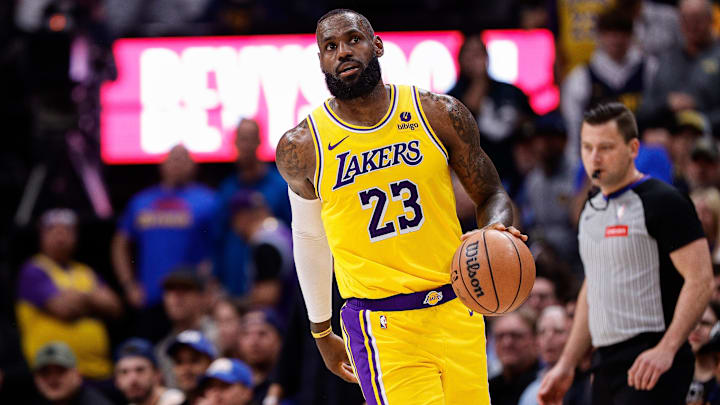 Apr 29, 2024; Denver, Colorado, USA; Los Angeles Lakers forward LeBron James (23) in the third quarter against the Denver Nuggets during game five of the first round for the 2024 NBA playoffs at Ball Arena. Mandatory Credit: Isaiah J. Downing-Imagn Images