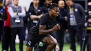 Apr 4, 2025; Boulder, CO, USA; Colorado Buffaloes wide receiver Travis Hunter (12) runs drills at the University of Colorado NFL Showcase at the CU Indoor Practice Facility. Mandatory Credit: Michael Ciaglo-Imagn Images