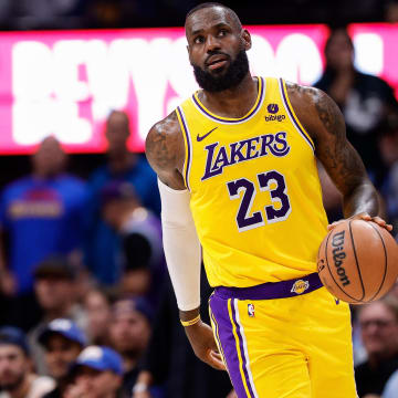 Apr 29, 2024; Denver, Colorado, USA; Los Angeles Lakers forward LeBron James (23) in the third quarter against the Denver Nuggets during game five of the first round for the 2024 NBA playoffs at Ball Arena. Mandatory Credit: Isaiah J. Downing-USA TODAY Sports