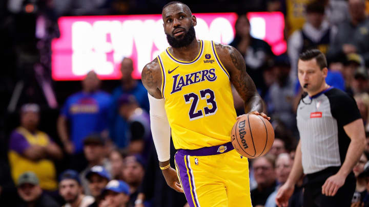 Apr 29, 2024; Denver, Colorado, USA; Los Angeles Lakers forward LeBron James (23) in the third quarter against the Denver Nuggets during game five of the first round for the 2024 NBA playoffs at Ball Arena. Mandatory Credit: Isaiah J. Downing-USA TODAY Sports