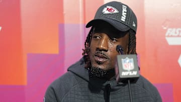 Feb 6, 2023; Phoenix, AZ, USA; Kansas City Chiefs cornerback L'Jarius Sneed (38) speaks with media during Super Bowl Opening Night at Footprint Center. Mandatory Credit: Joe Camporeale-Imagn Images