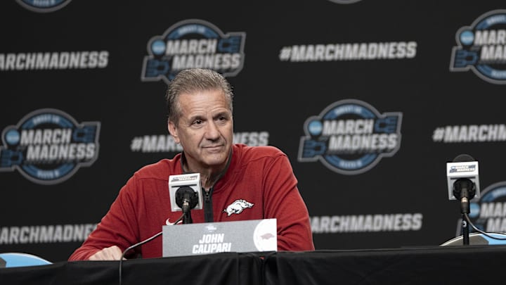 March 26, 2025; San Francisco, CA, USA; Arkansas Razorbacks head coach John Calipari addresses the media in a press conference during NCAA Tournament West Regional Practice at Chase Center. Mandatory Credit: Kyle Terada-Imagn Images