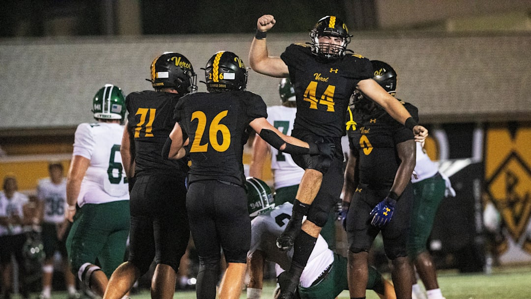 Dwyer Camron (44) of Bishop Verot reacts after a sack of the quarterback during a game against Venice on Friday, Sept. 6. Venice won the offensive slugfest 71-56.