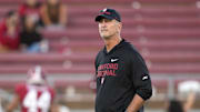 Sep 13, 2025; Stanford, California, USA; Stanford Cardinal head coach Frank Reich before the game against the Boston College Eagles at Stanford Stadium. Mandatory Credit: Darren Yamashita-Imagn Images