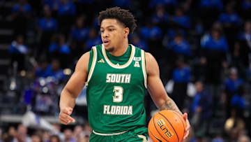 Mar 7, 2025; Memphis, Tennessee, USA; South Florida Bulls guard Jimmie Williams (3) handles the ball against the Memphis Tigers during the second half at FedExForum. Mandatory Credit: Wesley Hale-Imagn Images