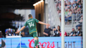 May 18, 2024; Saint Paul, Minnesota, USA; Portland Timbers forward Jonathan Rodriguez (14) celebrates after scoring a goal during the first half against Minnesota United at Allianz Field. Mandatory Credit: Brad Rempel-USA TODAY Sports