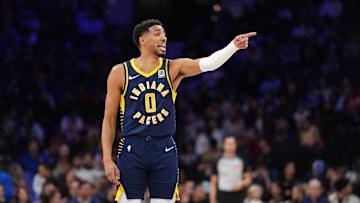 Mar 14, 2025; Philadelphia, Pennsylvania, USA; Indiana Pacers guard Tyrese Haliburton (0) reacts against the Philadelphia 76ers in the third quarter at Wells Fargo Center. Mandatory Credit: Kyle Ross-Imagn Images