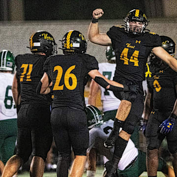 Dwyer Camron (44) of Bishop Verot reacts after a sack of the quarterback during a game against Venice on Friday, Sept. 6. Venice won the offensive slugfest 71-56.