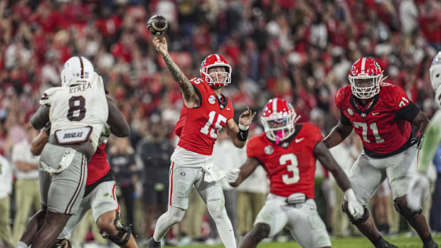 Oct 12, 2024; Athens, Georgia, USA; Georgia Bulldogs quarterback Carson Beck (15) passes the ball against the Mississippi Sta