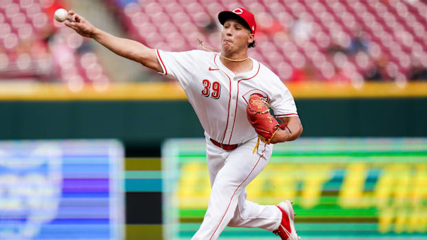 Julian Aguiar (39) throws a pitch during the first inning of the MLB game between the Cincinnati Reds and Oakland Athletics