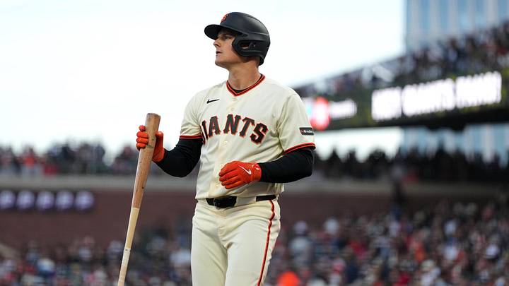 Mar 25, 2026; San Francisco, California, USA; San Francisco Giants infielder Matt Chapman (26) holds onto his bat after hitting a foul ball against the the New York Yankees in the sixth inning at Oracle Park. Mandatory Credit: Cary Edmondson-Imagn Images