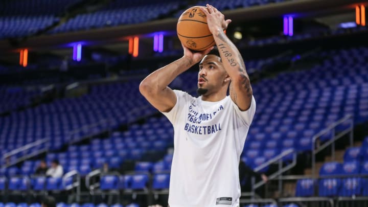 Apr 20, 2024; New York, New York, USA; Philadelphia 76ers forward KJ Martin (1) warms up prior to game one of the first round for the 2024 NBA playoffs against the New York Knicks at Madison Square Garden. Mandatory Credit: Wendell Cruz-USA TODAY Sports