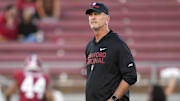 Sep 13, 2025; Stanford, California, USA; Stanford Cardinal head coach Frank Reich before the game against the Boston College Eagles at Stanford Stadium. Mandatory Credit: Darren Yamashita-Imagn Images