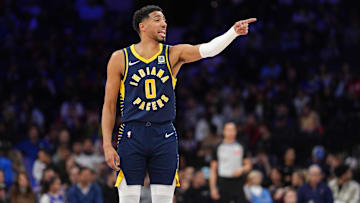 Mar 14, 2025; Philadelphia, Pennsylvania, USA; Indiana Pacers guard Tyrese Haliburton (0) reacts against the Philadelphia 76ers in the third quarter at Wells Fargo Center. Mandatory Credit: Kyle Ross-Imagn Images