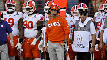 Dec 21, 2024; Austin, Texas, USA; Clemson Tigers head coach Dabo Swinney looks on during the second quarter against the Texas Longhorns of the CFP National Playoff first round game at Darrell K Royal-Texas Memorial Stadium. Mandatory Credit: Jerome Miron-Imagn Images
