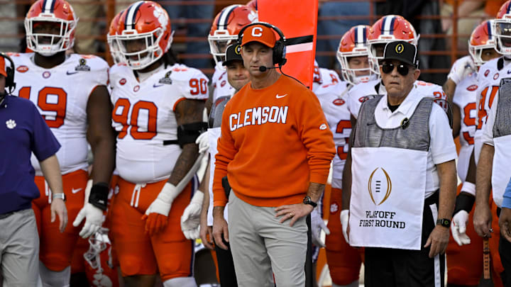 Dec 21, 2024; Austin, Texas, USA; Clemson Tigers head coach Dabo Swinney looks on during the second quarter against the Texas Longhorns of the CFP National Playoff first round game at Darrell K Royal-Texas Memorial Stadium. Mandatory Credit: Jerome Miron-Imagn Images